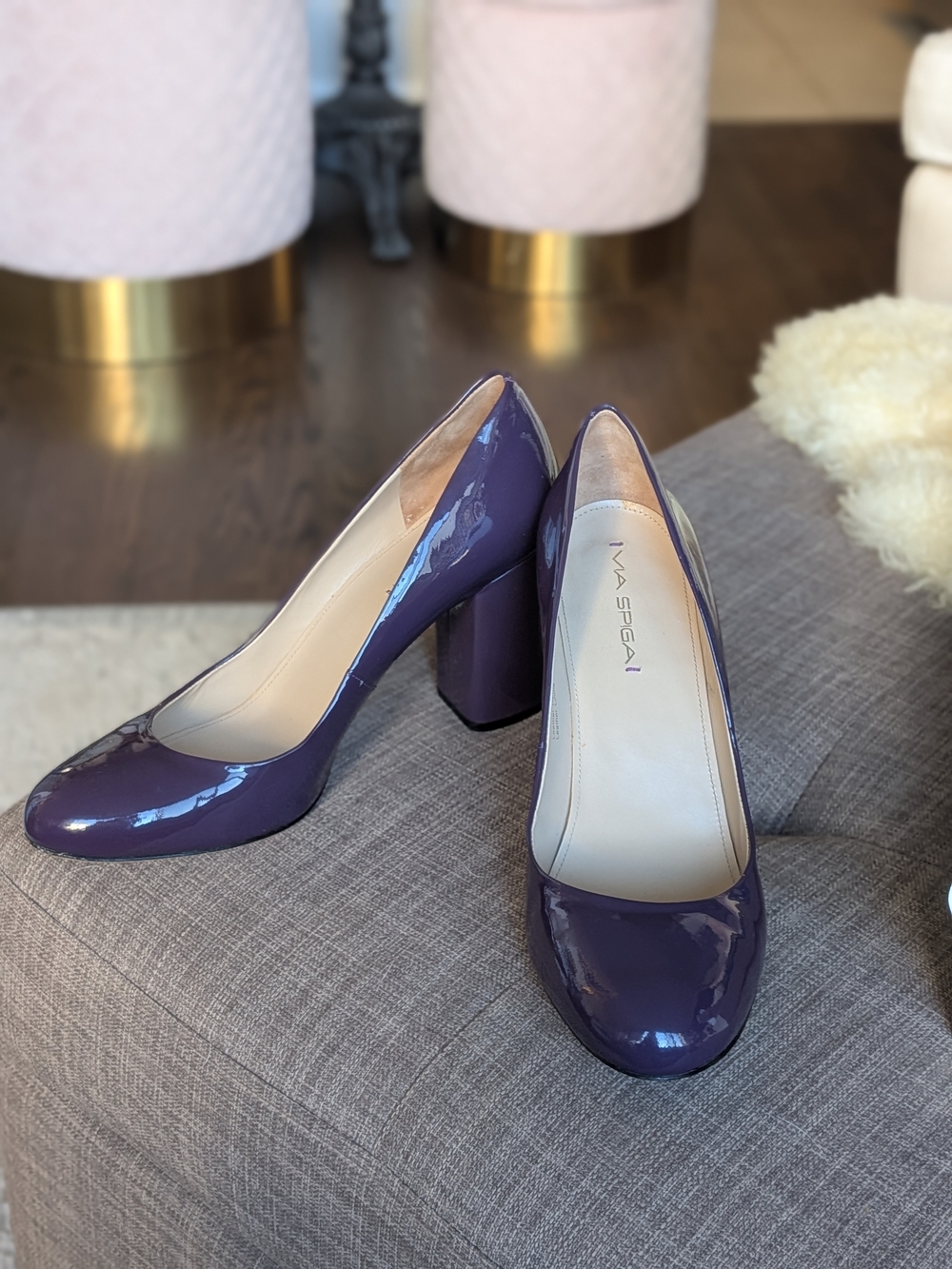 Via Spiga Glossy Purple Block Heel Pumps